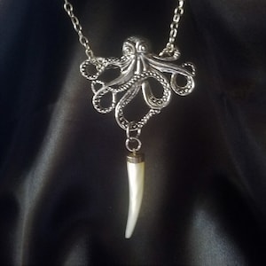 Steampunk Edwardian Gothic Kraken Octopus antique silver pendant with Vintage Mother of Pearl Horn on Silver plated chain necklace