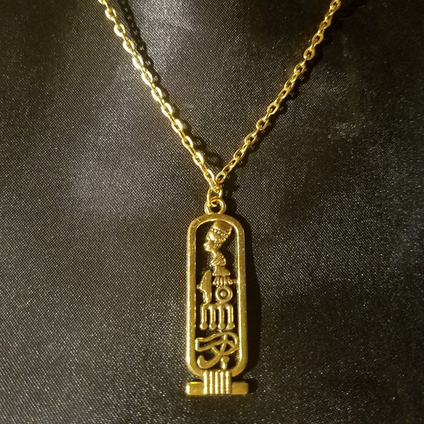 Egyptian Cartouche, Nefertiti, Eye of Ra, Ma'at, Goddess Ma'at Goldplated Gold Tone Pendant, 24" chain, Necklace Mystical, Spiritual, Magic