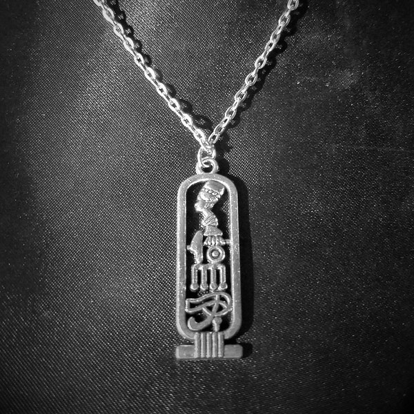 Egyptian Cartouche, Nefertiti, Eye of Ra, Ma'at, Goddess Ma'at Silverplated Silver Tone Pendant 20" chain Necklace, Mystical, Spiritual