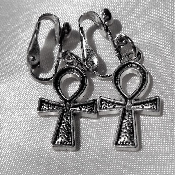 Silver Ankh, Egyptian Ankh, vintage style textured relief, drop dangle clip or pierced earrings, Magical, Symbol of Eternal Life, Goth, Boho