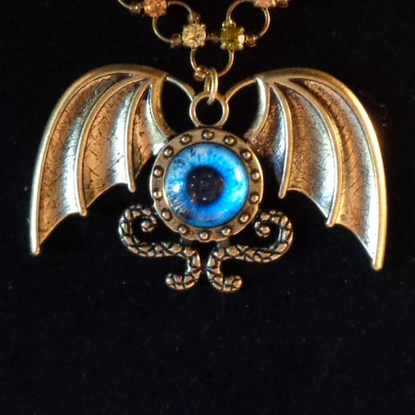 STEAMPUNK, Gothic, Bat Wing, Winged Fantasy Eye Pendant & Choker Chain, Antique Gold, GOTH, Statement, Edwardian Ball, Costume COS Play