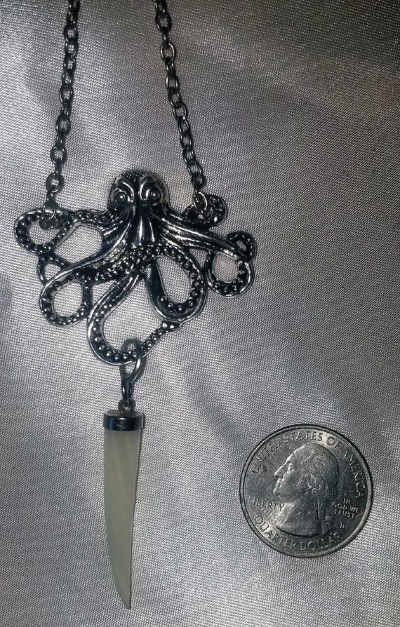 Steampunk Octopus Pendant: Mother of Pearl Horn, Silver Plated