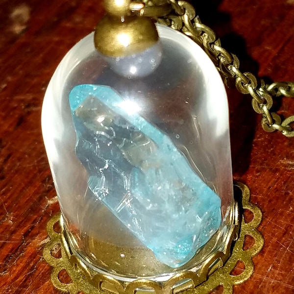 Steampunk Mystical Magical, Super Charged Blessed Blue Quartz Crystal AlchemyJar Pendant Necklace, Edwardian Antique Bronze Chain OOAK