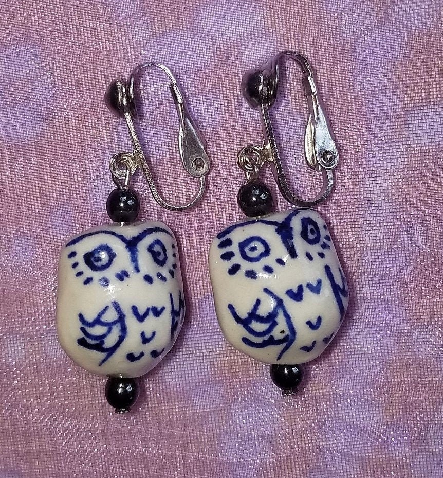 Hand Painted Ceramic Owl Clip On Earrings: Bohemian Hematite Dangles