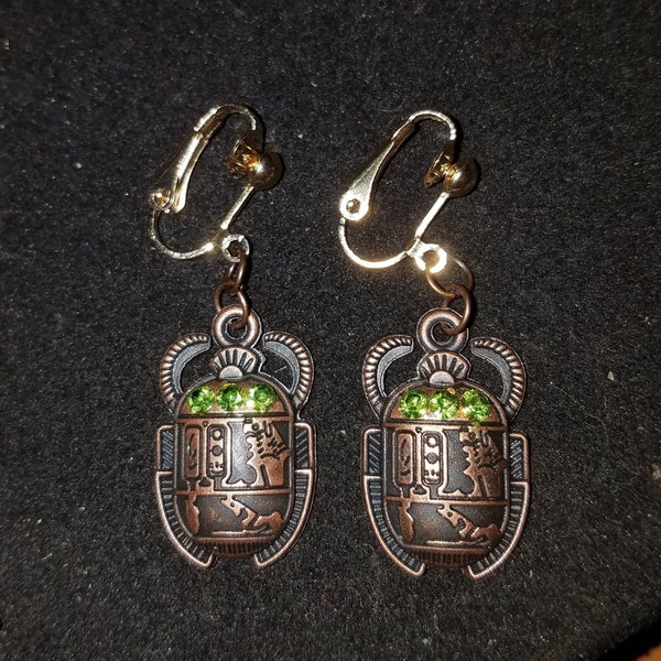 Drop Dangle Bronze Copper Clip On OR PIERCED Earrings, Steampunk Art Deco Style Egyptian Scarab BeetleS, Amun-Re, Ma'at, Green Rhinestones