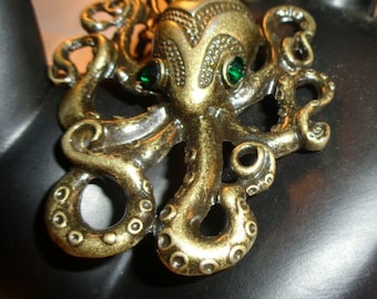 Steampunk Octopus Necklace: Green Rhinestone Eyes, Antique Gold Bronze