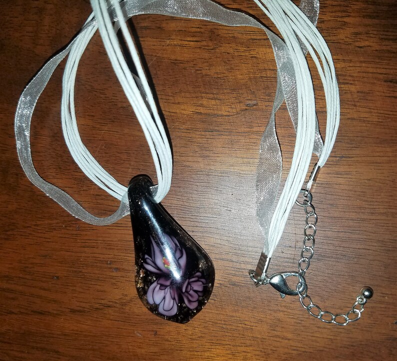 Dichroic Lampwork Handmade Glass Pendant Multistrand necklace with off white cords ribbon Hippie Purple Black Copper /& Colors Bohemian