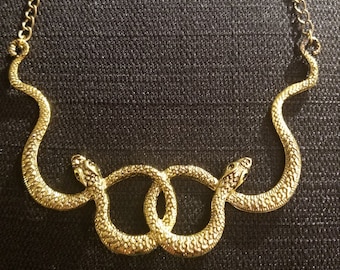 Ouroboros Auryn Double Snake ANTIQUE GOLDTONE Pendant, on Goldtone Chain Necklace, Steampunk, Gothic, Egyptian, Edwardian, Victorian