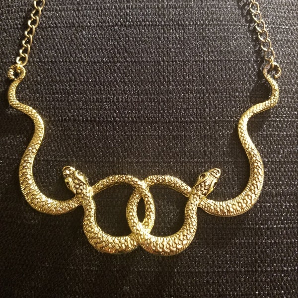 Ouroboros Auryn Double Snake ANTIQUE GOLDTONE Pendant, Bronze OR Goldtone Chain Necklace, Steampunk, Gothic, Egyptian, Edwardian, Victorian