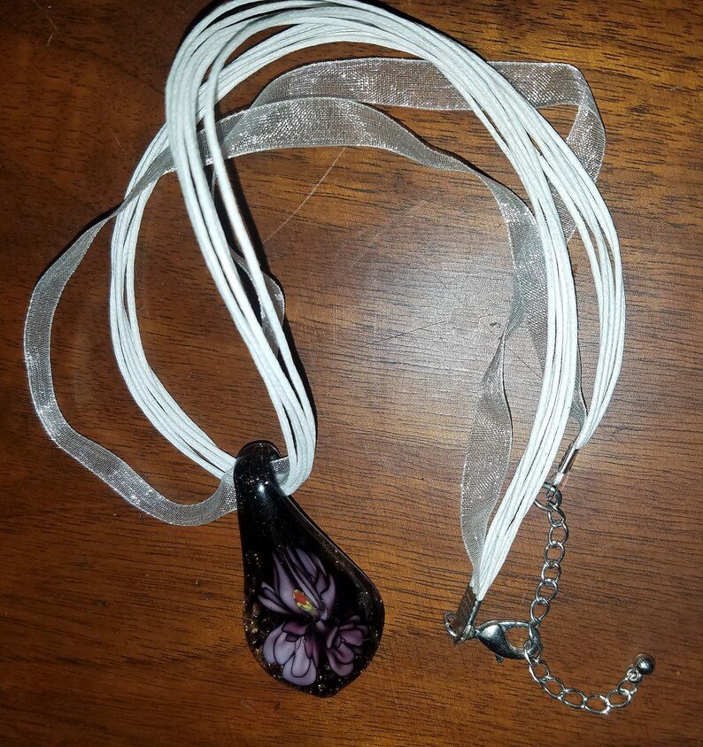 Dichroic Lampwork Handmade Glass Pendant Multistrand necklace with off white cords ribbon Hippie Purple Black Copper /& Colors Bohemian