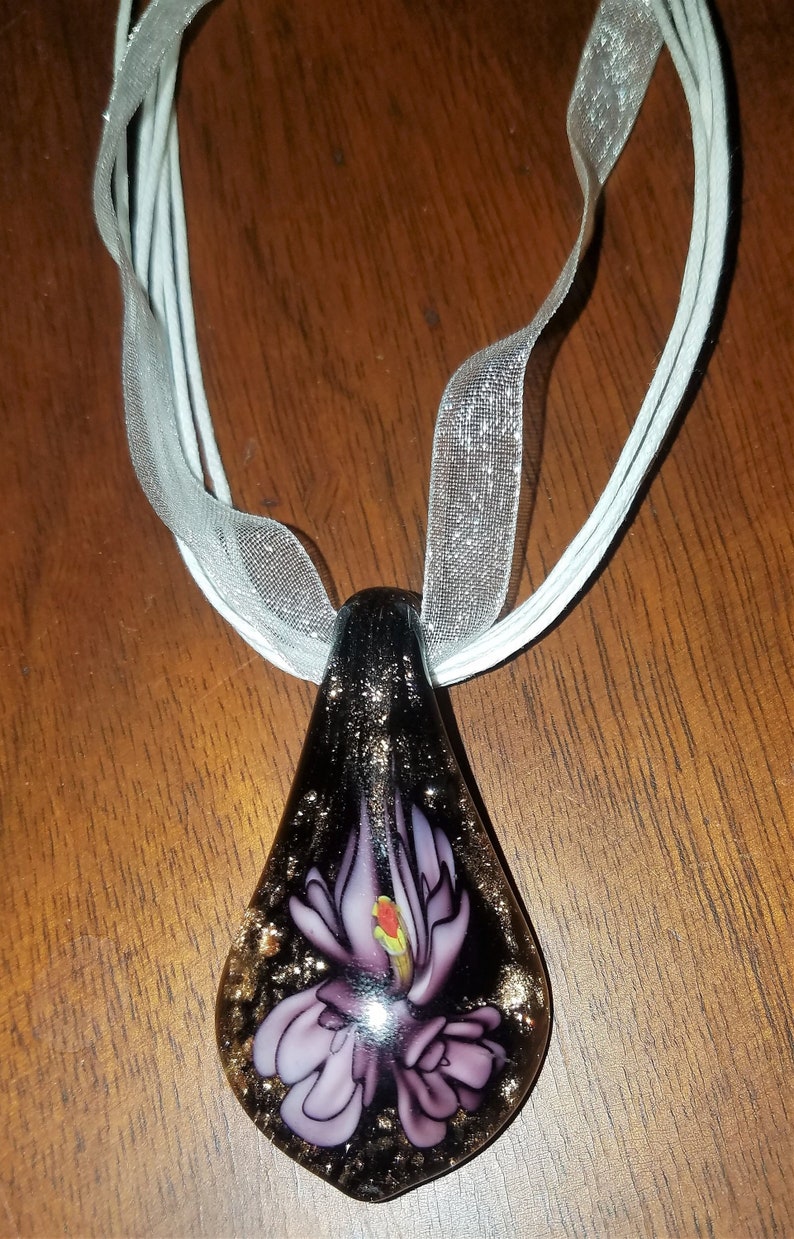 Dichroic Lampwork Handmade Glass Pendant Multistrand necklace with off white cords ribbon Hippie Purple Black Copper /& Colors Bohemian