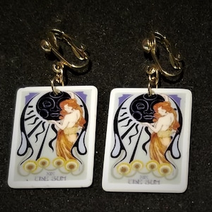 Art Deco Tarot Card &quot;The Sun&quot; Resin Card, Gold plated Cip On Drop Dangle Earrings, Art Nouveau, Art Deco, Mystical Earrings, Gift