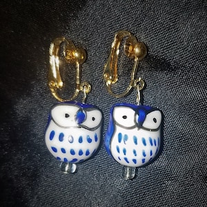 Vintage Style Hand Painted Porcelain Owls on Silver or Gold Tone Clip On Earrings, Drop/dangles, Blue, Light Blue, Turquoise, Boho, Hippie