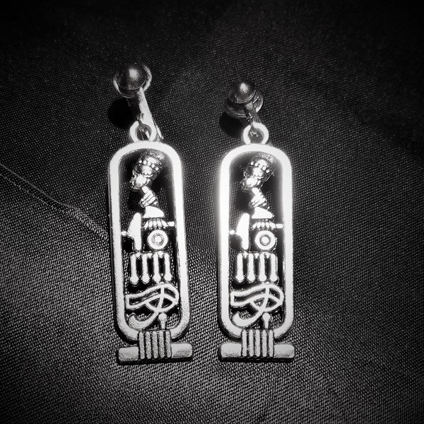 Egyptian Cartouche, Nefertiti, Eye of Ra, Ma'at, Goddess Ma'at Clip On Drop Dangle Silver Tone Earrings Mystical, Statement, Spiritual Magic