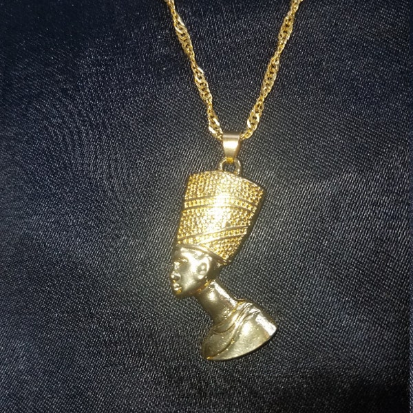 Queen Nefertiti, Egyptian, Goddess Ma'at, Goldplated Gold Tone Pendant, twisted 20" goldplated chain Necklace, Egypt, Spiritual, African