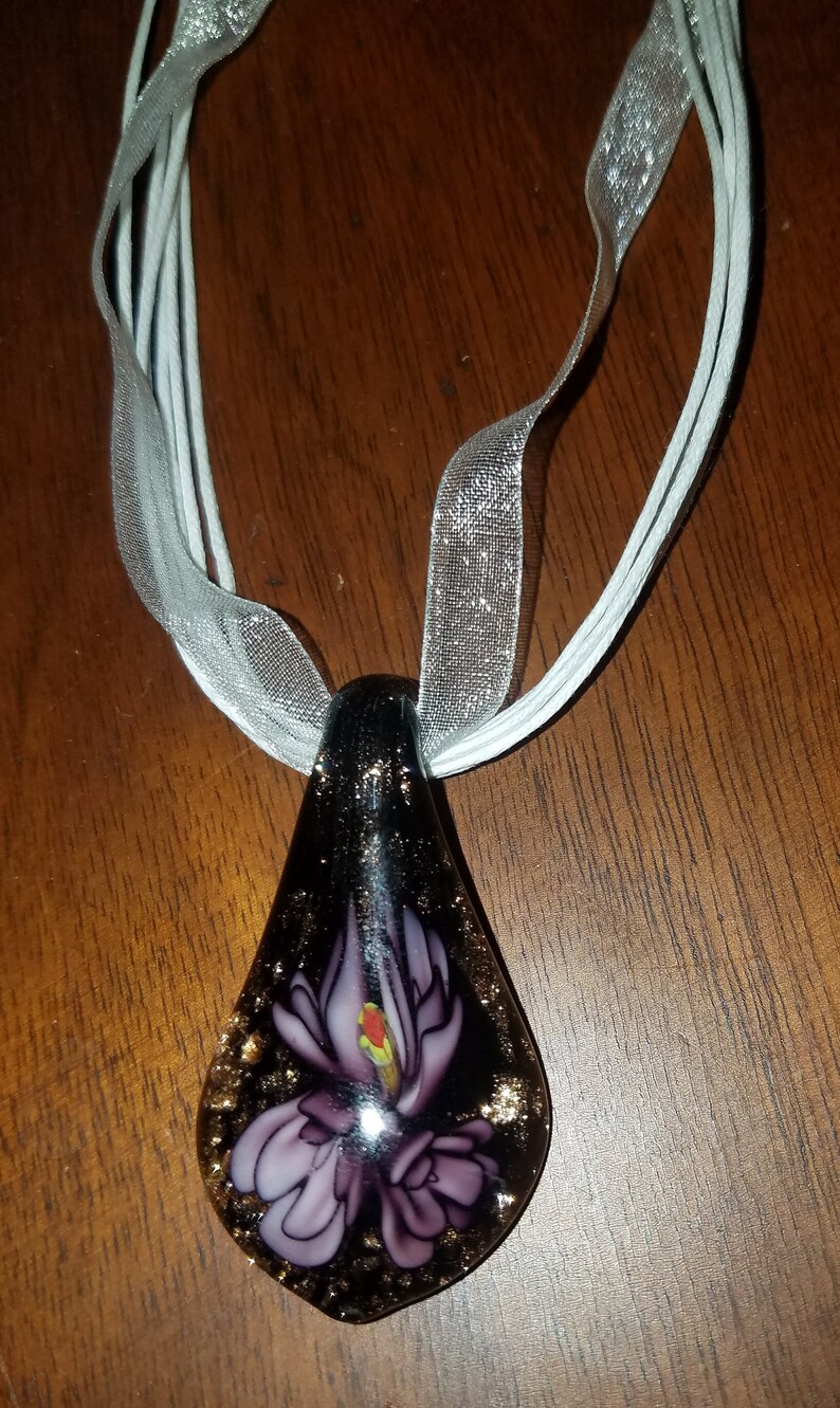 Dichroic Lampwork Handmade Glass Pendant Multistrand necklace with off white cords ribbon Hippie Purple Black Copper /& Colors Bohemian
