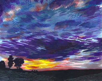 A4 Illustration Poster - Evening Sky (coloured pencils)