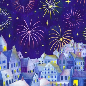 A6 geïllustreerde kerstkaart - Vuurwerk (gouache en kleurpotloden)
