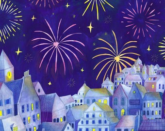 A6 illustrated christmas card - Fireworks (gouache and coloured pencils)