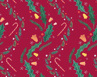 A6 illustrated, patterned christmas card - Bright red version (gouache and coloured pencils)
