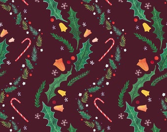 A6 illustrated, patterned christmas card - Dark red version (gouache and coloured pencils)