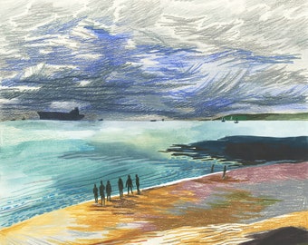 A3 Illustration Poster - Gyllyngvase Beach Falmouth, Cornwall (gouache and coloured pencils)
