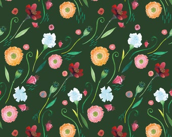 A6 illustrated, patterned flower postcard - Green (coloured pencils)