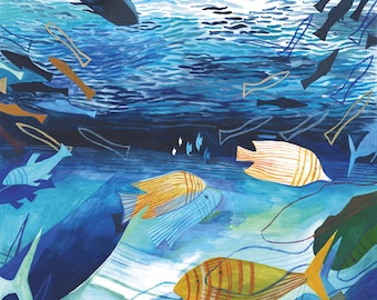 A3 Illustration Poster - Fish, Aberfala (gouache and coloured pencils)