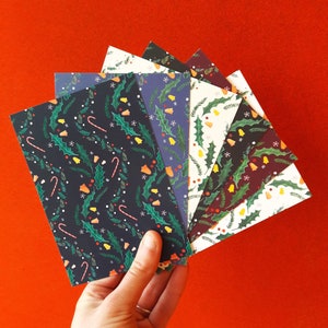 A6 geïllustreerde kerstkaarten met patroon - Set van 6 (gouache en kleurpotloden)