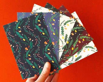 A6 illustrated, patterned christmas cards - Set of 6 (gouache and coloured pencils)
