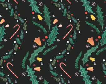 A6 illustrated, patterned christmas card - Dark green version (gouache and coloured pencils)