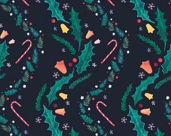A6 illustrated, patterned christmas card - Dark blue version (gouache and coloured pencils)