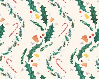 A6 illustrated, patterned christmas card - Cream version (gouache and coloured pencils)