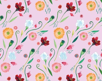 A6 illustrated, patterned flower postcard - Pink (coloured pencils)