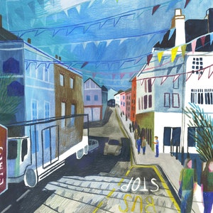 A3-Illustrationsposter – Market Strand Falmouth, Cornwall (Gouache und Buntstifte)