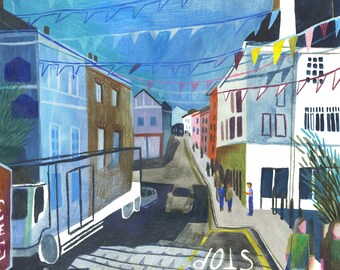 A3 Illustration Poster - Market Strand Falmouth, Cornwall (gouache and coloured pencils)