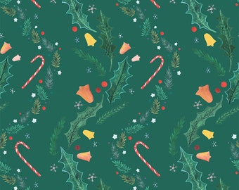 A6 illustrated, patterned christmas card - Mid green version (gouache and coloured pencils)