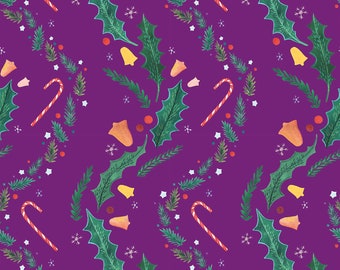 A6 illustrated, patterned christmas card - Purple version (gouache and coloured pencils)