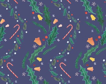A6 illustrated, patterned christmas card - Dark lilac version (gouache and coloured pencils)