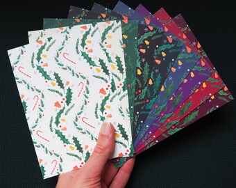 A6 illustrated, patterned christmas cards - Set of 9 (gouache and coloured pencils)