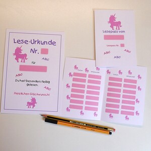 Lesepass, Urkunde, Lesen üben, Grundschule, Einschulung, Geschenk, mit Anleitung, Motivation, Schulanfang, Mädchen, Einhorn (Art.-Nr. LP5)
