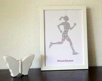 Poster, Kunstdruck, Geschenk, Geschenkidee, Geburtstag, Wanddekoration, Word Art, personalisiert, Jogging, Läuferin, laufen, ungerahmt