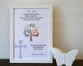 Geldgeschenk, Geld, Geldverpackung, Geschenk, Konfirmation, Baum, Lebensbaum, Kreuz, Spruch, personalisiert, Poster, ungerahmt