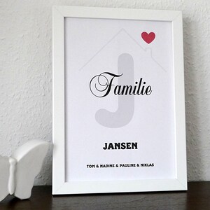 Könnte beinhalten: Weißer gerahmter Druck mit einem hausförmigen Design, das den Buchstaben "J" und das Wort "Familie" in einer kursiven Schrift zeigt. Der Text "Jansen" befindet sich unter dem Haus, und die Namen "Tom & Nadine & Pauline & Niklas" befinden sich darunter.