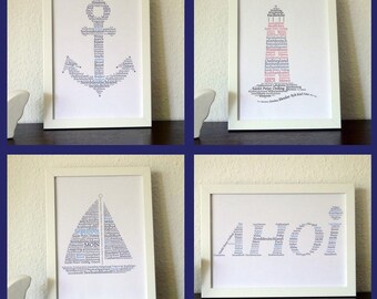 Set, DIN A5, Poster, Print, Geschenk, Sprücheposter, See, Word Art, personalisiert, Nordsee, Ahoi, Leuchtturm, Anker, Segelboot, ungerahmt