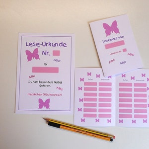 Lesepass, Urkunde, Lesen üben, Grundschule, Einschulung, Anleitung, Motivation, Schulanfang, Mädchen, Schmetterling (Art.-Nr. LP1)