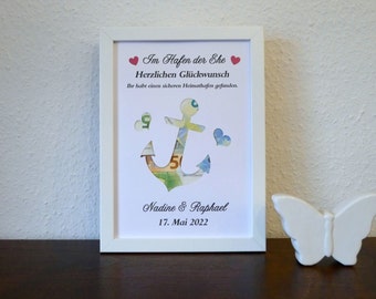 Geldgeschenk, Geld, Geldverpackung, Geschenk, Hochzeit, Trauung, Brautpaar, Anker, personalisiert, Poster, Hafen der Ehe, ungerahmt