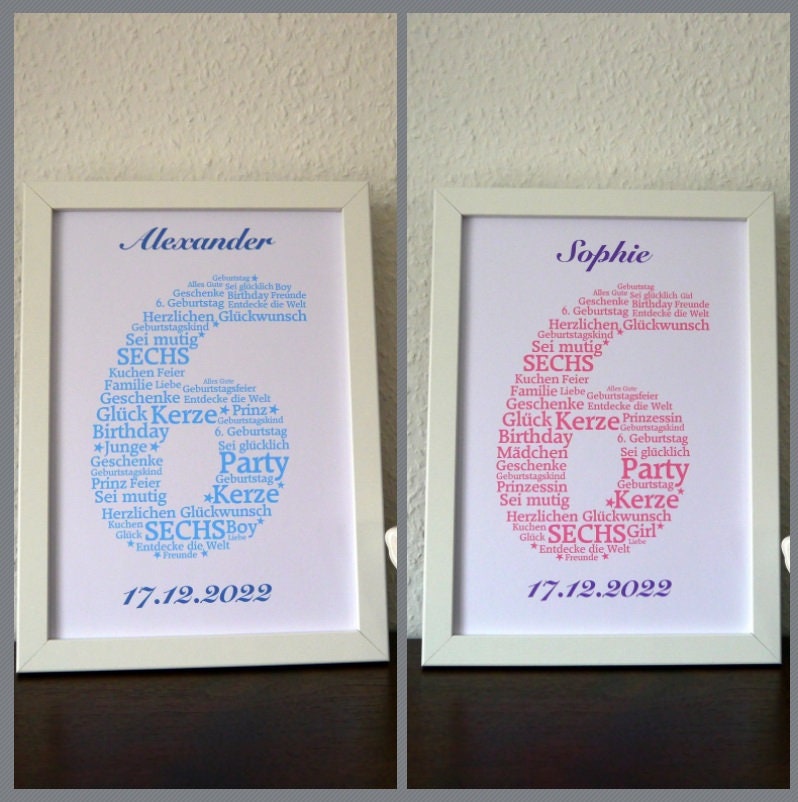 Poster, Gift, Birthday, Word Art, Personalized, Six, 6th Birthday, 6 Years, Girl, Boy, Unframed (Item No. GB6)
