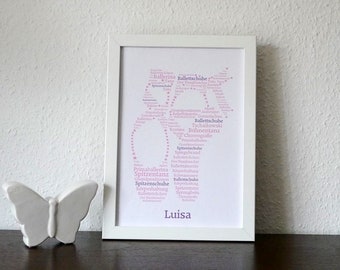 poster, print, gift, guest gift, birthday, wall decoration, word art, personalized, ballet, ballet shoes, individual, unframed