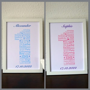 Poster, Geschenk, Geburtstag, Word Art, personalisiert, Eins, 1. Geburtstag, 1 Jahr, Mädchen, Junge, ungerahmt (Art.-Nr. GB1)